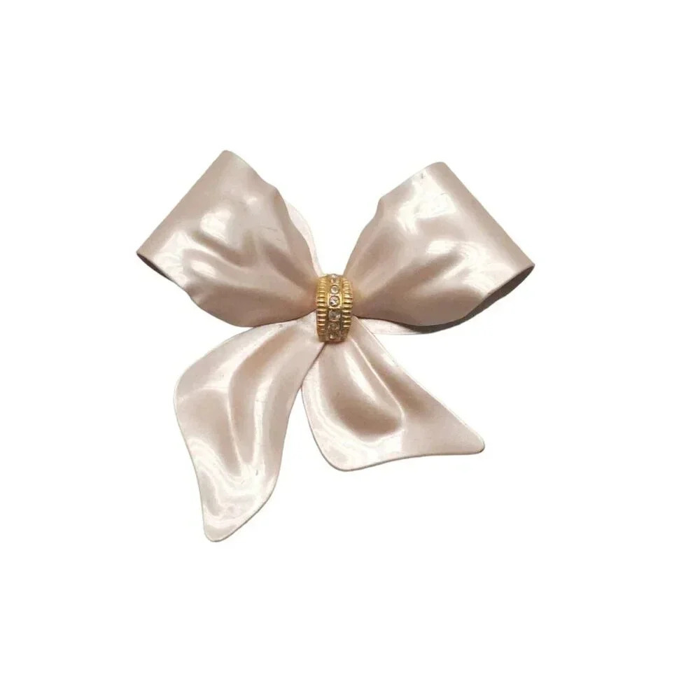 Clear Rhinestone Pink Satin Enamel Metal Large Bow Brooch Pin Gold Tone Vintage